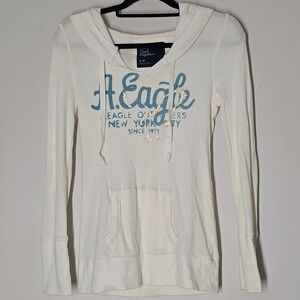 Y2K American Eagle Womens‎ Logo Hoodie L Thermal Henley Long Length Grunge